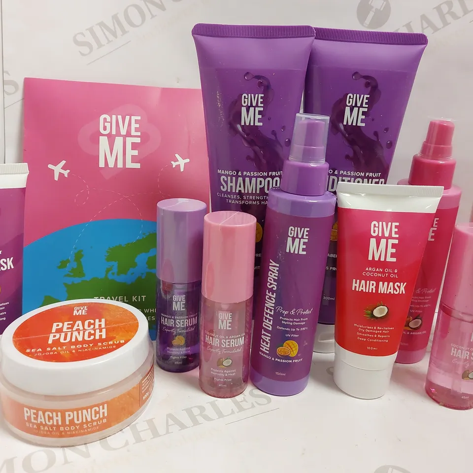BOX OF APPROX 10 GIVE ME ITEMS TO INCLUDE GIVE ME HAIR MASK, GIVE UP SHAMPOO AND CONDITIONER, GIVE UP HAIR SERUM