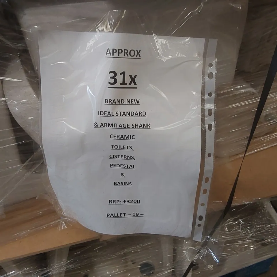 PALLET CONTAINING APPROXIMATELY 31x IDEAL STANDARD & ARMITAGE SHANK CERAMIC TOILETS, CISTERNS, PEDESTAL & BASINS