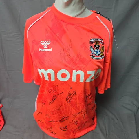 COVENTRY CITY FC AWAY SHIRT – HOT CORAL/WHITE – SIGNED, SIZE L, HUMMEL