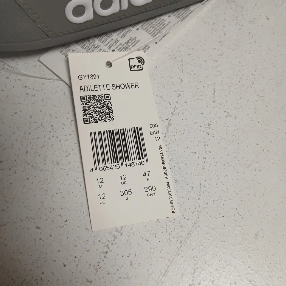 ADIDAS ADILETTE SHOWER SLIDE SANDALS – GREY/WHITE, UK 12