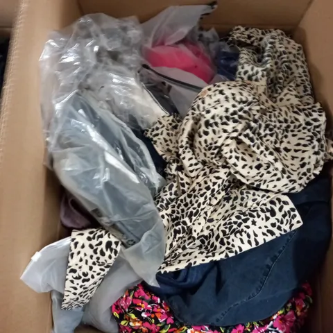 BOX OF ASSORTED CLOTHING ITEMS TOO INCLUDE JUMPERS, SHIRTS AND TROUSERS IN VARIOUS SIZES AND COLOURS