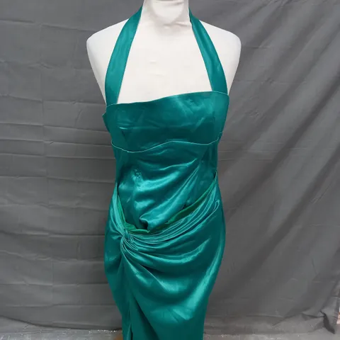 CLUBL BOTTLE GREEN SATIN HALTER NECK KNOT MAXI DRESS BOTTLE GREEN - UK 10