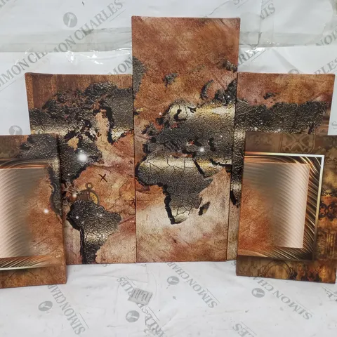 BOXED EAST URBAN HOME WALL CANVAS PICTURE WORLD MAP GRAPHIC, 5 PIECES BRONZE-BROWN