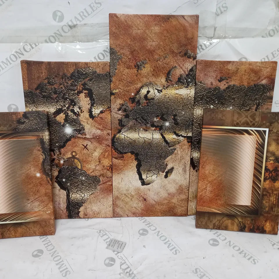 BOXED EAST URBAN HOME WALL CANVAS PICTURE WORLD MAP GRAPHIC, 5 PIECES BRONZE-BROWN