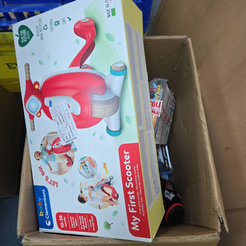 BOX OF APPROXIMATELY 10 ASSORTED TOYS INCLUDING BABY CLEMENTONI MY FIRST SCOOTER, RC AMPHIBIOUS AND JIGGLY PETS ELEPHANT