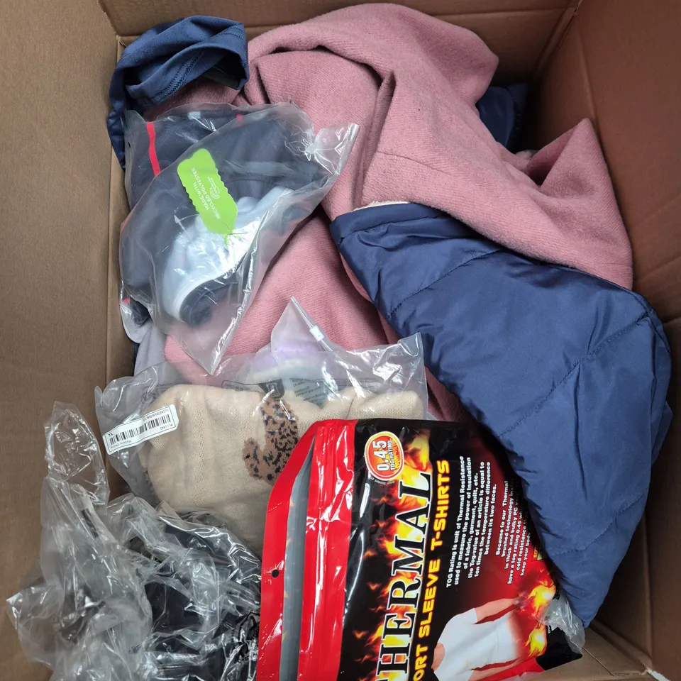 LARGE BOX OF ASSORTED CLOTHING ITEMS IN VARIOUS SIZES, STYLES AND COLOUR 