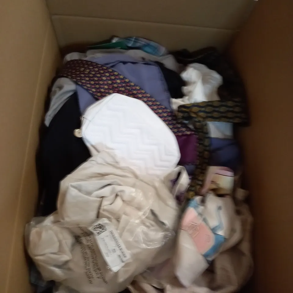  BOX OF ASSORTED CLOTHING ITEMS TOO INCLUDE DRESSES , SHIRTS AND TROUSERS IN VARIOUS SIZES AND COLOURS   