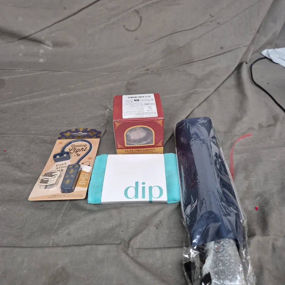 APPROXIMATELY 20 HOUSEHOLD ITEMS TO INCLUDE - LUXE ORNAMENT, UMBRELLA AND A READING LIGHT
