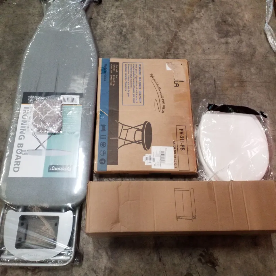 PALLET CONTAINING ASSORTED PRODUCTS TO INCLUDE IRONING BOARD, TOILET SEAT, CLOTHES DRYER, FOLDING SIDE TABLE