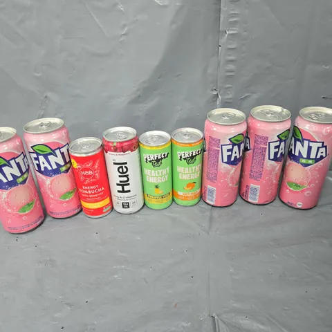 APPROXIMATELY 10 ASSORTED DRINK ITEMS TO INCLUDE - FANTA, HUEL, AND PERFECT TED ETC.