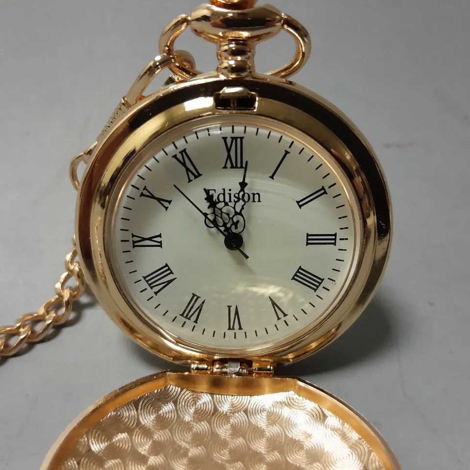 BOXED EDISON ROSE GOLD POCKET WATCH WITH CHAIN 