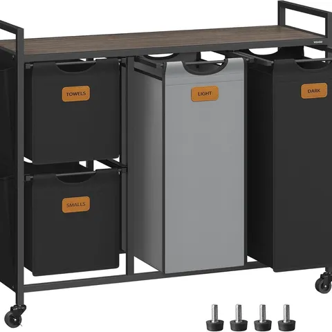 BOXED VASAGLE LAUNDRY HAMPER WITH 4 COMPARTMENTS, 150 L,R REMOVABLE LINERS, 6 LABELS, CHESTNUT BROWN, INK BLACK AND DOVE GREY