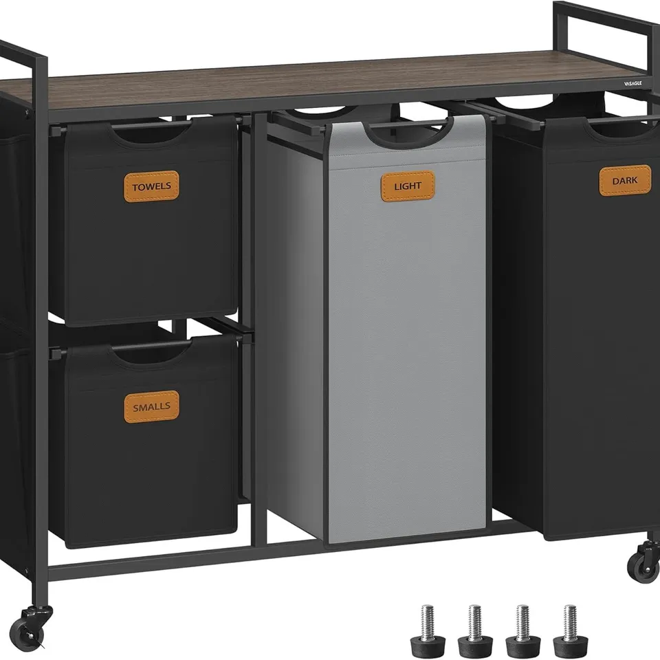 BOXED VASAGLE LAUNDRY HAMPER WITH 4 COMPARTMENTS, 150 L,R REMOVABLE LINERS, 6 LABELS, CHESTNUT BROWN, INK BLACK AND DOVE GREY