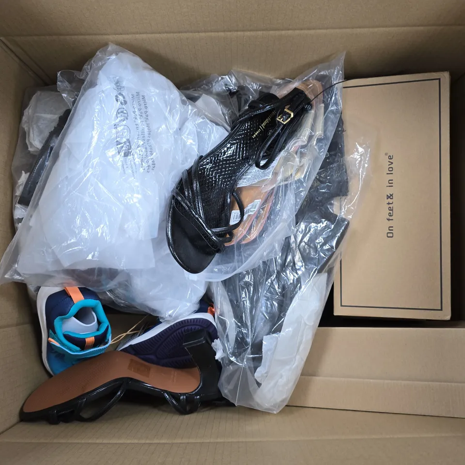APPROXIMATELY 12 ASSORTED PAIRS OF SHOES AND FOOTWEAR ITEMS IN VARIOUS STYLES AND SIZES TO INCLUDE DECATHLON, RIVER ISLAND, NEXT, ETC