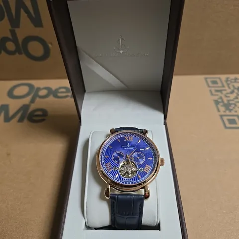BOXED SAMUEL JOSEPH AUTOMATIC LIMITED EDITION ROSE GOLD TONE BLUE DIAL WATCH 