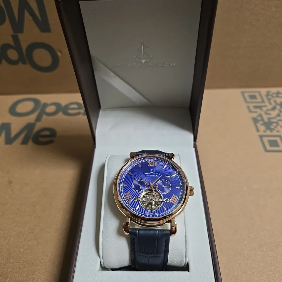 BOXED SAMUEL JOSEPH AUTOMATIC LIMITED EDITION ROSE GOLD TONE BLUE DIAL WATCH 