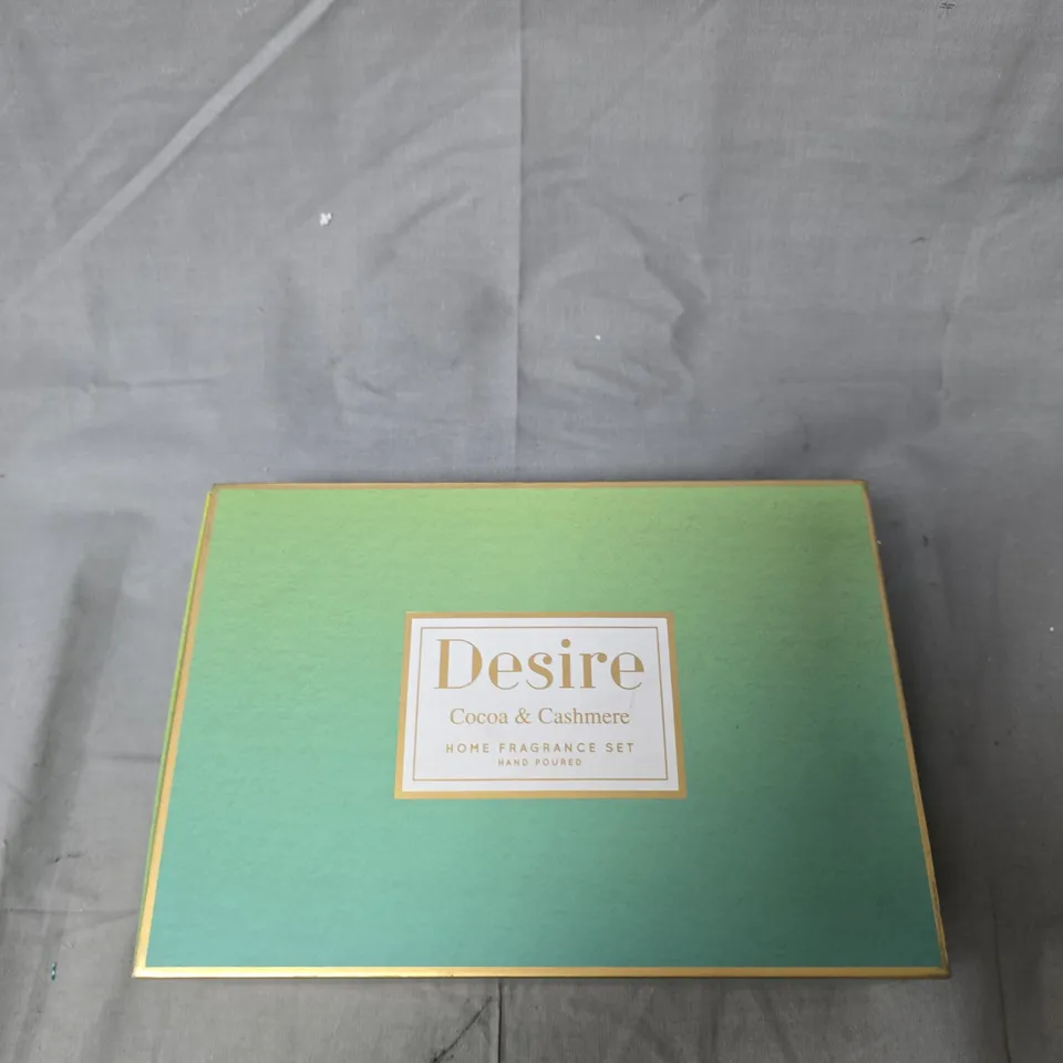 DESIRE COCOA & CASHMERE HOME FRAGRANCE SET – 1 BOTTLE OF DIFFUSER LIQUID AND 1 SCENTED CANDLE IN PRESENTATION BOX