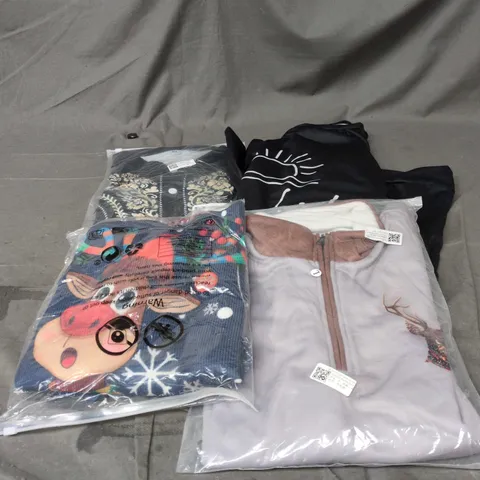 BOX OF APPROXIMATELY 15 ASSORTED CLOTHING ITEMS TO INCLUDE XMAS JUMPER, 1/4 ZIP JUMPER, LONG SLEEVE BLACK T SHIRT, FLOWER PATTERN LADIES TOP ETC