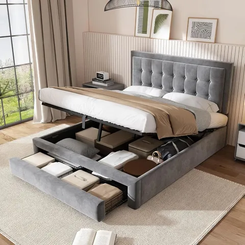 BOXED 4FT6 OTTOMAN BED !SALE! GREY UPHOLSTERED GAS LIFT STORAGE BED WITH DRAWER (2 BOXES)