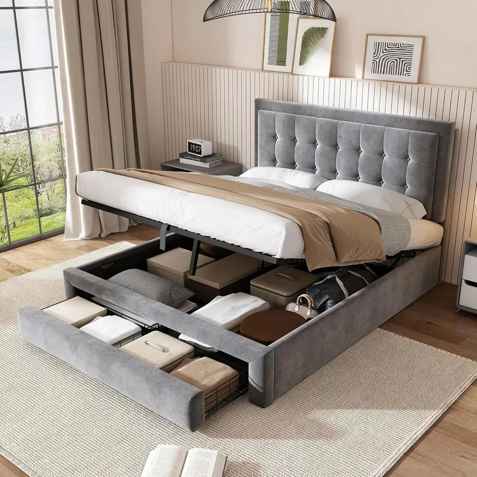 BOXED 4FT6 OTTOMAN BED !SALE! GREY UPHOLSTERED GAS LIFT STORAGE BED WITH DRAWER (2 BOXES)