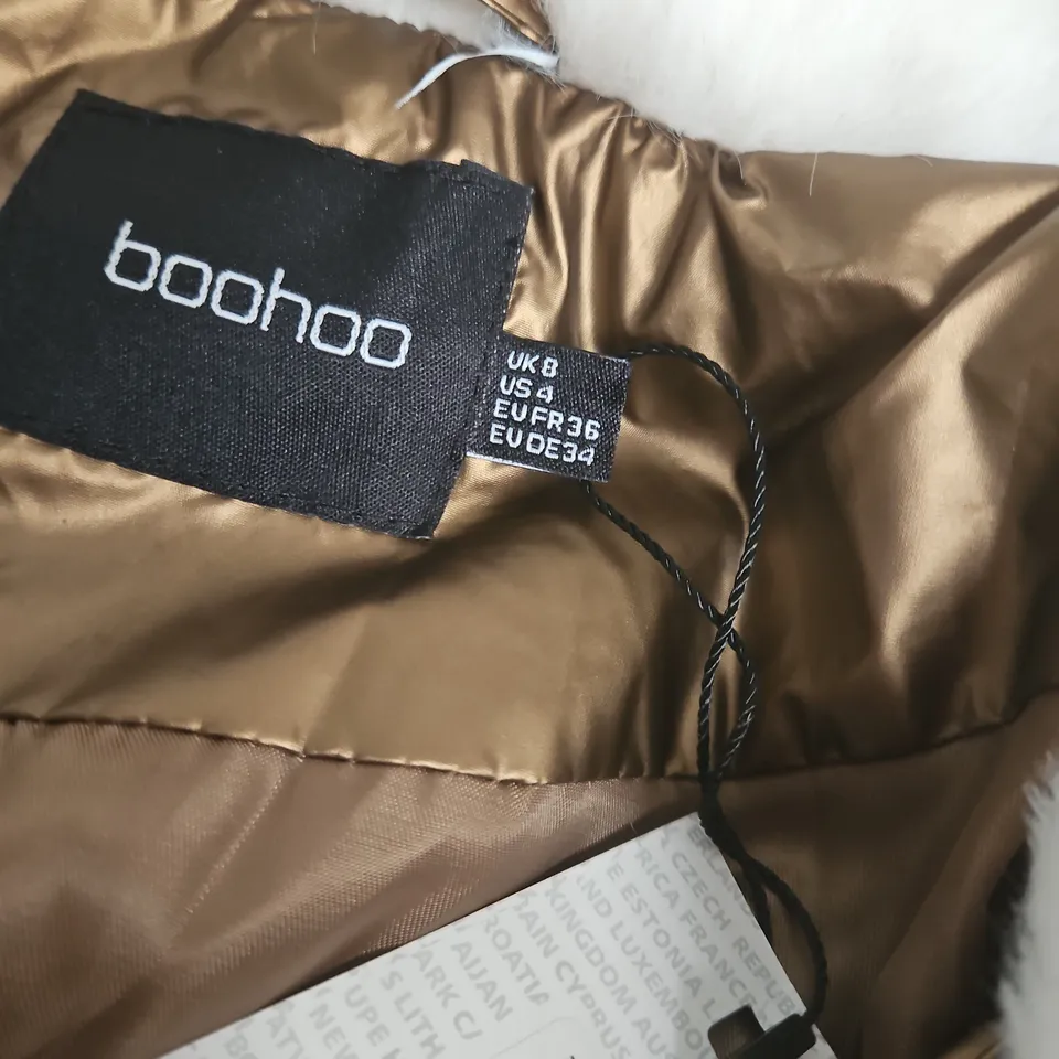 BOOHOO BROWN PUFFER JACKET WITH WHITE FAUX FUR COLLAR, UK 8