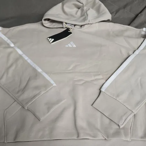 ADIDAS BEIGE HOODIE WITH WHITE SLEEVE STRIPES – SIZE SMALL