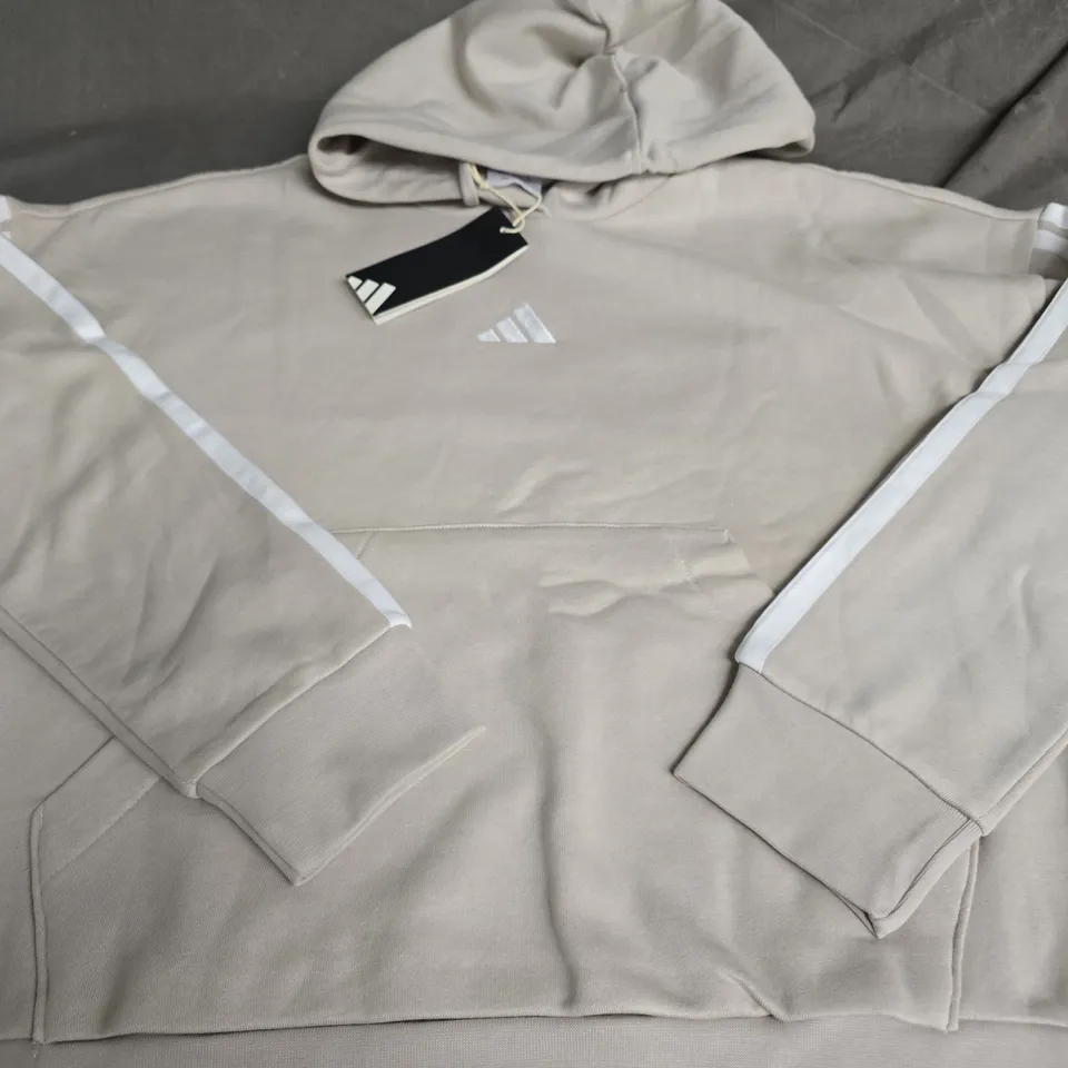 ADIDAS BEIGE HOODIE WITH WHITE SLEEVE STRIPES – SIZE SMALL