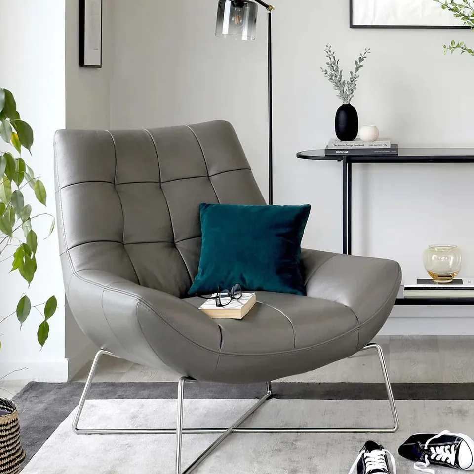 BOXED DANETTI CANIO GREY FAUX LEATHER AND BRUSHED STEEL ACCENT CHAIR