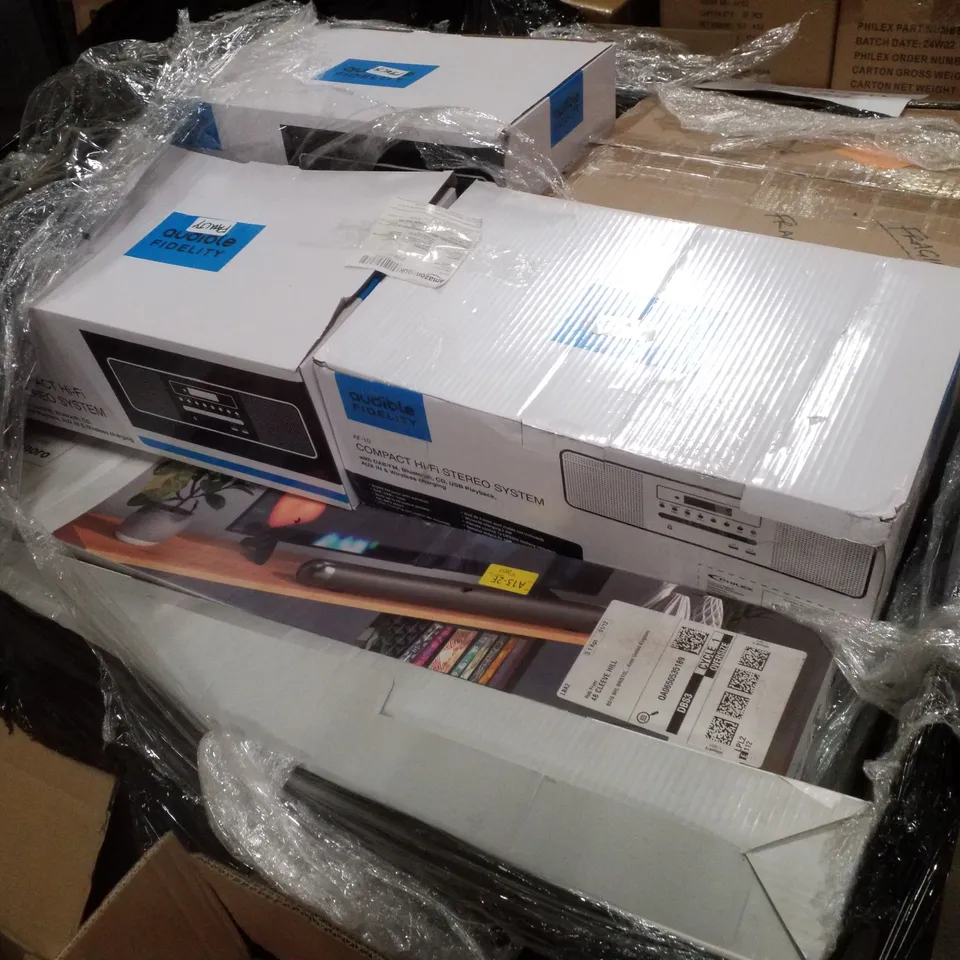 PALLET CONTAINING ASSORTED ELECTRICAL PRODUCTS INCLUDING COMPACT HI-FI STEREO SYSTEMS & TV SOUNDBAR WITH DOLBY AUDIO
