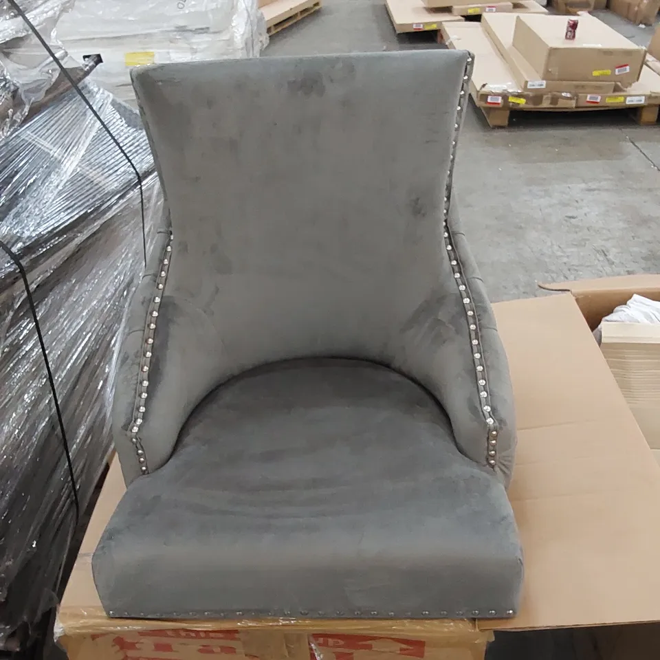 BOXED ELIZABETH DINING CHAIR IN GREY VELVET WITH ROUND CHROME KNOCKER - SET OF 2