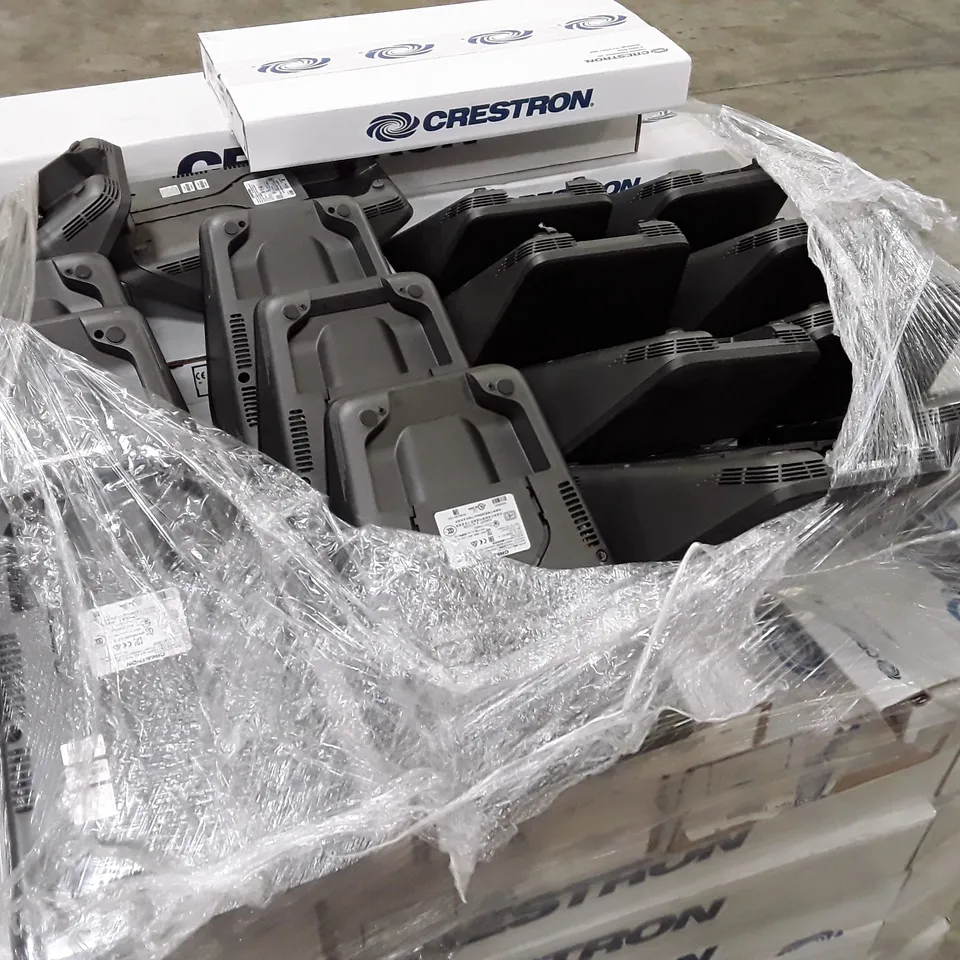 PALLET CONTAINING ASSORTED CRESTRON PRODUCTS INCLUDING TABLE TOP CONFERENCE SYSTEMS, GRAVITY CABLE RETRACTORS FOR FT2 SERIES & UNDERTABLE SHELVES FOR FT2 SERIES 