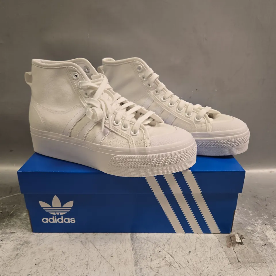 BOXED PAIR OF ADIDAS NIZZA PLATFORM MID SHOES IN WHITE SIZE UK 7