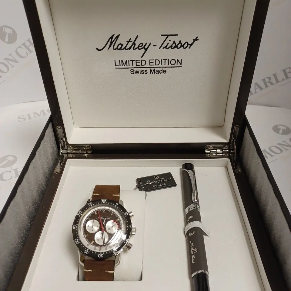 BOXED MATHEY TISSOT LTD ED H 1970 SWISS AUTOMATIC WATCH WITH PEN - BROWN