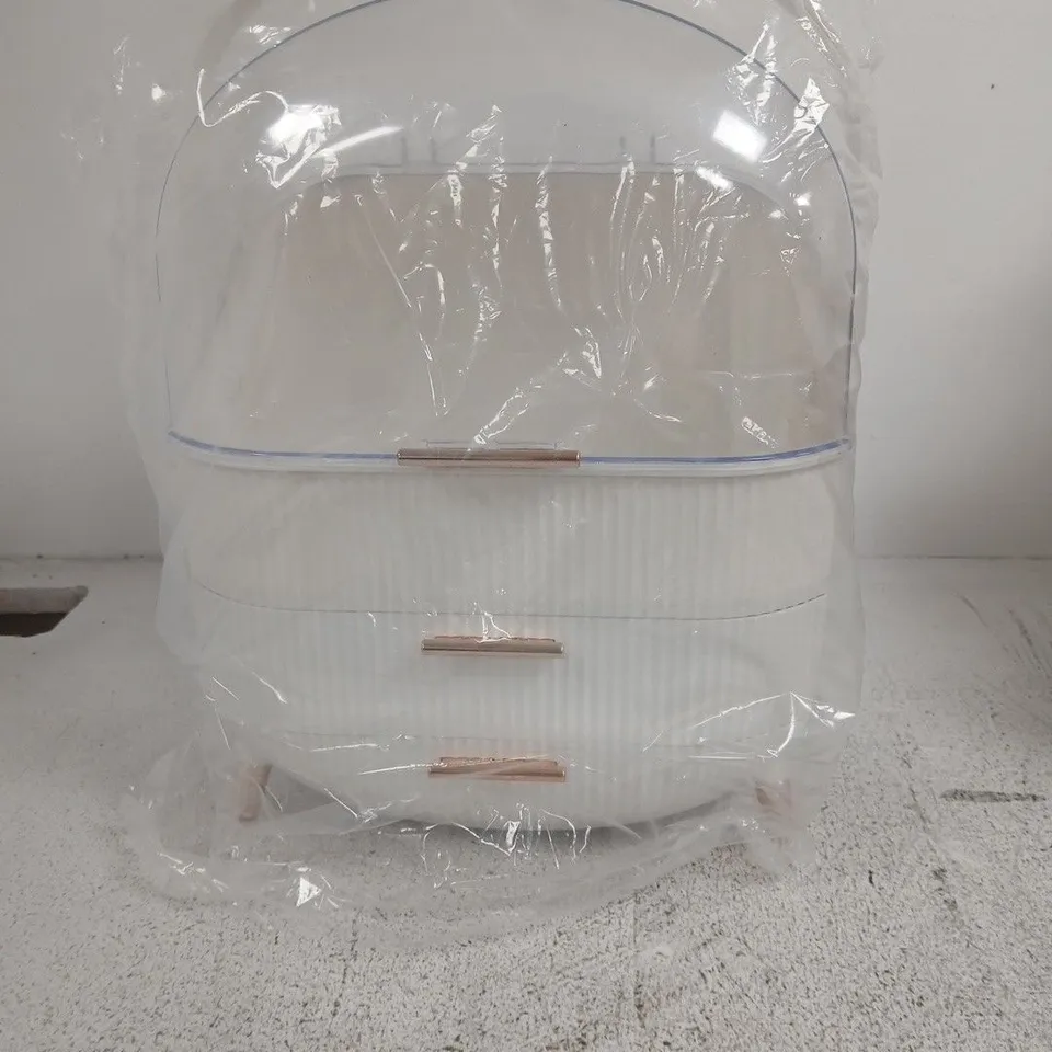 WHITE CURVED DRAWERS WITH CLEAR PLASTIC TOP AND FOUR SHORT LEGS (BOXED)
