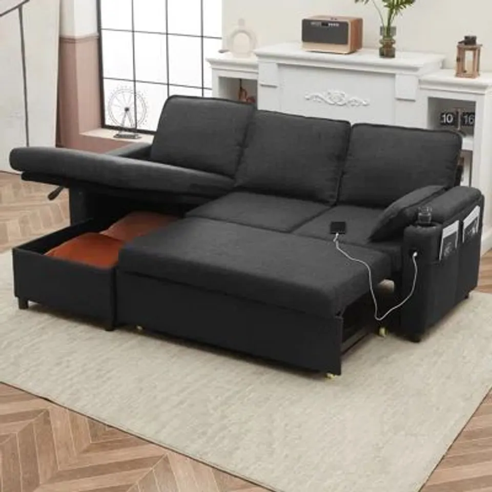 BOXED L SHAPED 4 SEATER SOFA SLEEPER & CHAISE - GREY (3 BOXES)
