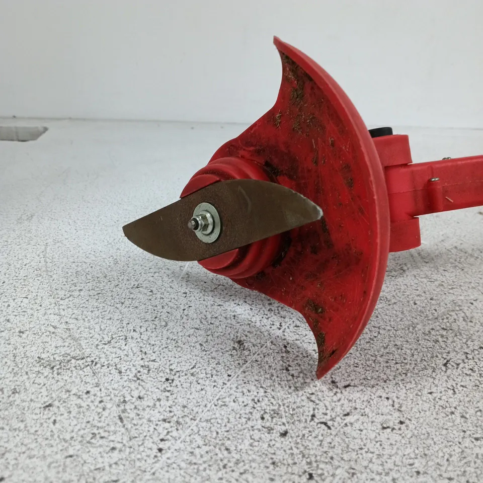 Red garden edger/brush cutter with dual-blade head