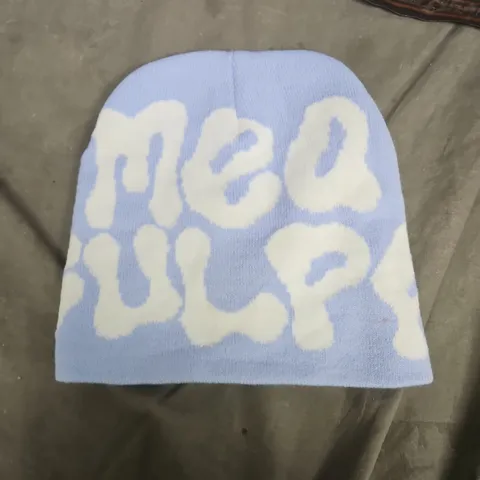 BABY KNIT BEANIE HAT – LIGHT BLUE WITH WHITE GRAPHIC DESIGN MEA CULPA
