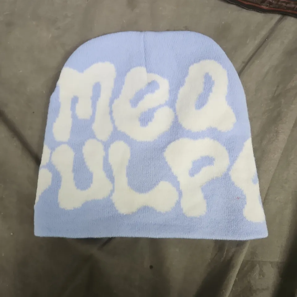 BABY KNIT BEANIE HAT – LIGHT BLUE WITH WHITE GRAPHIC DESIGN MEA CULPA