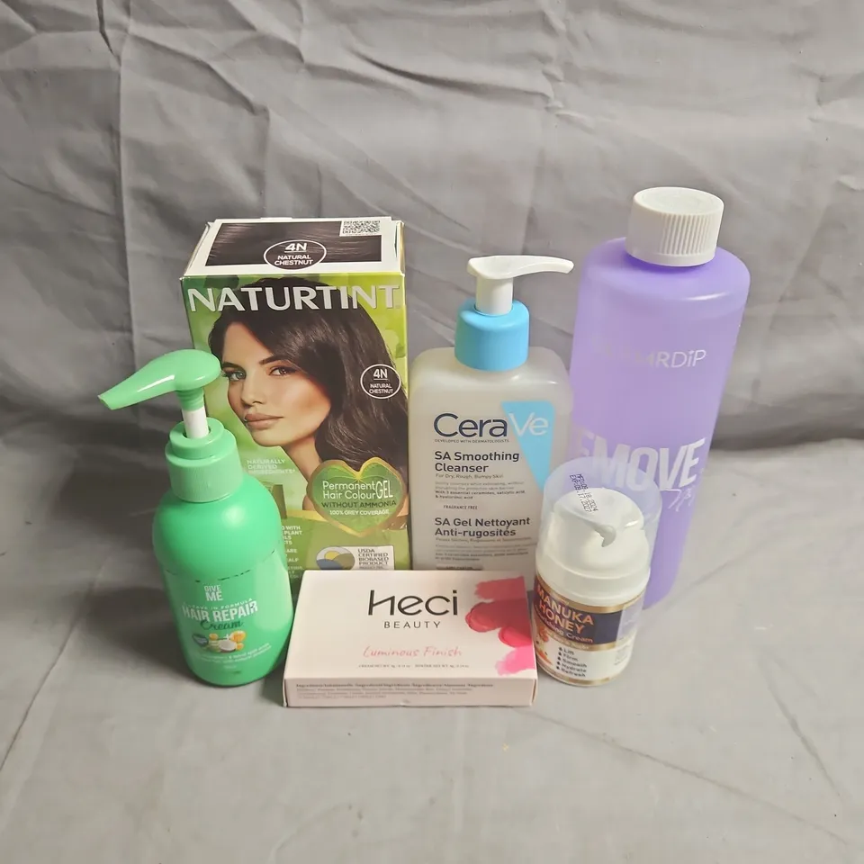APPROXIMATEY 20 ASSORTED HEALTH AND BEAUTY PRODUCTS TO INCLUDE - GLAMRDIP REMOVE N07 - CERAVE SMOOTHING CLEANSER - GIVE ME HAIR REPAIR - ETC