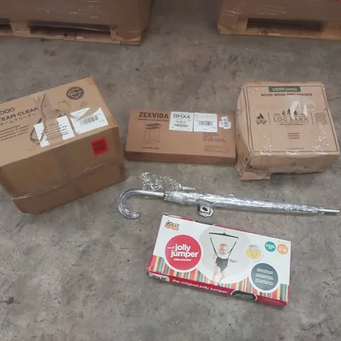 PALLET CONTAINING A LARGE QUANTITY OF ASSORTED ITEMS INCLUDING: STEAM CLEANER, SMALL SIDE TABLE, BABY EXERCISER, FIRELIGHTERS, UMBRELLA ECT