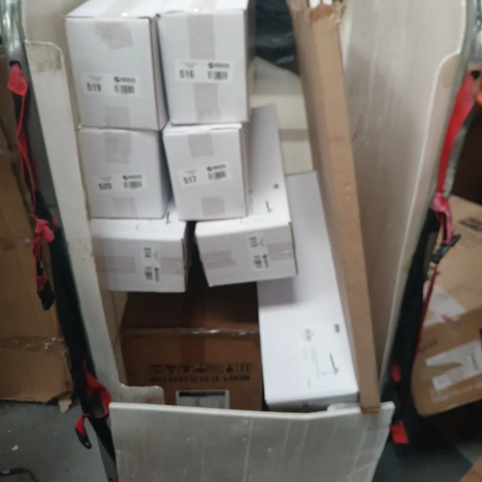 CAGE AND PALLET OF ASSORTED HOUSEHOLD ITEMS TO INCLUDE; CHRISTMAS DECORATIONS, WALL LIGHT COAT RACK/S, PALLET OF ASSORTED FURNITURE AND PARTS.