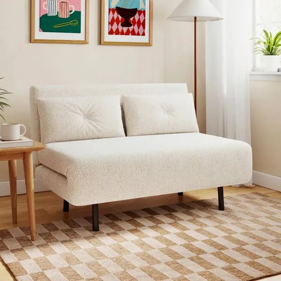 BOXED PHOEBE SHERPA SMALL DOUBLE 2 SEATER SOFA BED - IVORY (1 BOX)