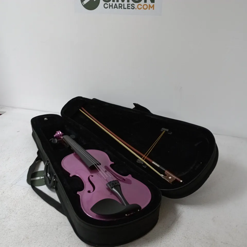 PURPLE VIOLIN IN BLACK CASE WITH BOW – BEGINNER STRING INSTRUMENT - BROKEN ZIP ON CASE