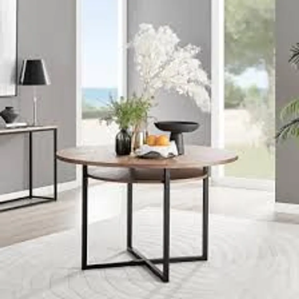 BOXED ADLEY WOODEN AND BLACK METAL ROUND STORAGE DINING TABLE - BLACK (2 BOXES)