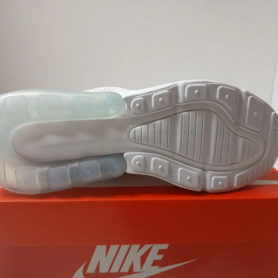 BOXED PAIR OF NIKE AIR MAX 270 GS SNEAKERS – WHITE/WHITE-METALLIC SILVER, UK 6 