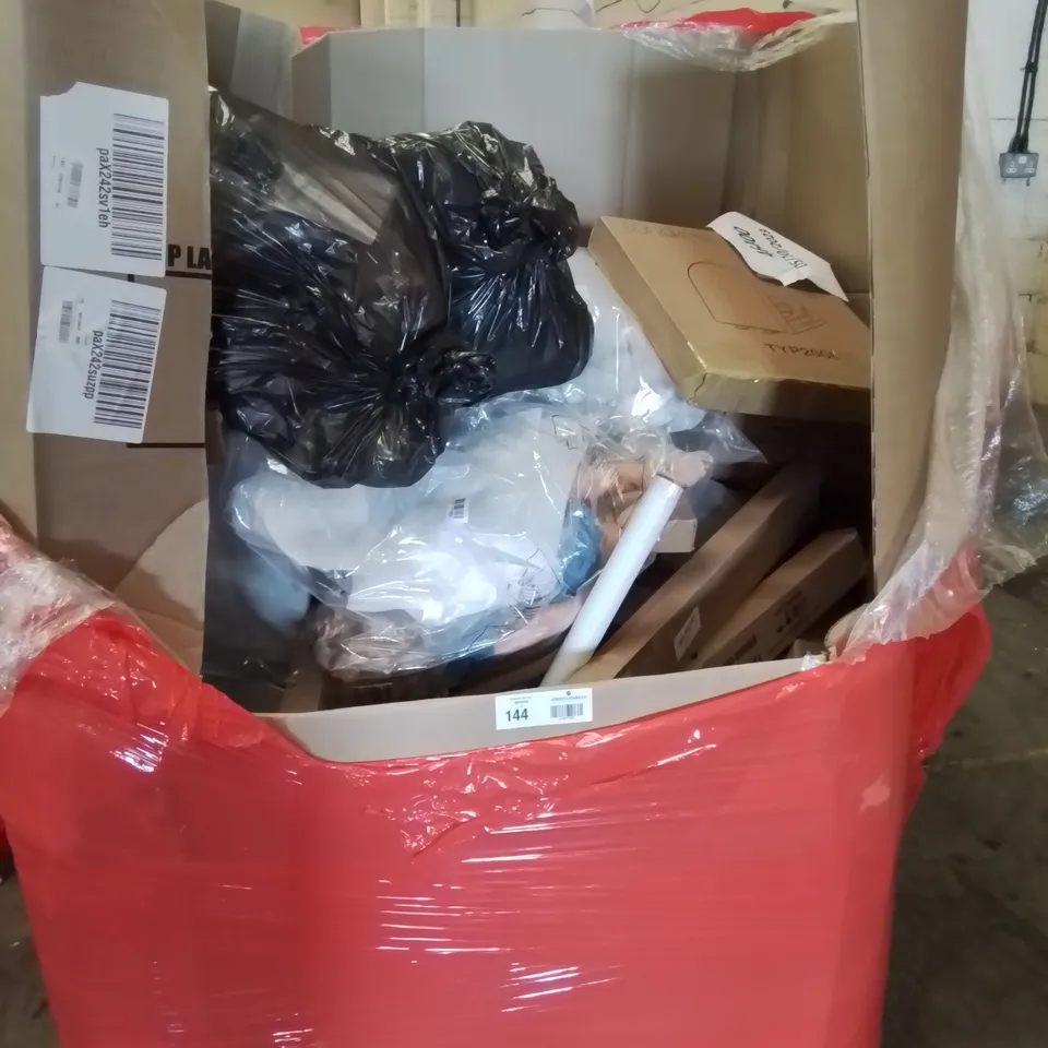 PALLET OF ASSORTED PRODUCTS, INCLUDING, PREMIUM INFLATABLE DOUBLE BED, TOILET SEAT, BAMBOO LINEN BASKET, ROUND BALLOON ARCH STAND, BABY DOLL.