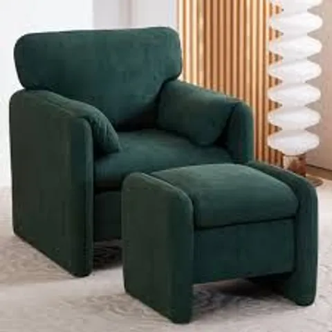 BOXED LIVING AND HOME GREEN CHENILLE UPHOLSTERED ARMCHAIR WITH FOOTSTOOL