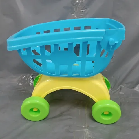 BOX OF 3 ASSORTED KID'S TOYS AND PRODUCTS TO INCLUDE PLASTIC SHOPPING CART, VOLCANIC VALLEY PLAYCENTRE, ETC