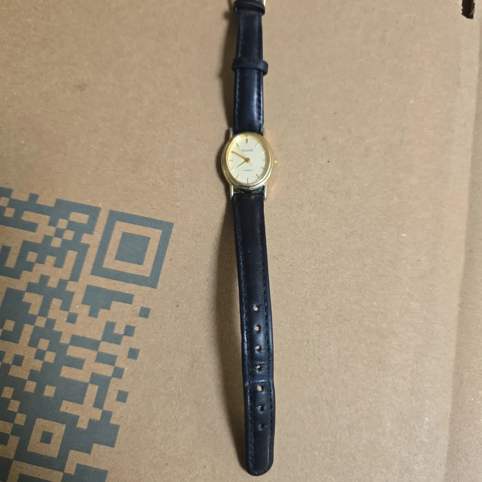 ACCURIST QUARTZ WATCH – GOLD TONE CASE, BLACK LEATHER STRAP