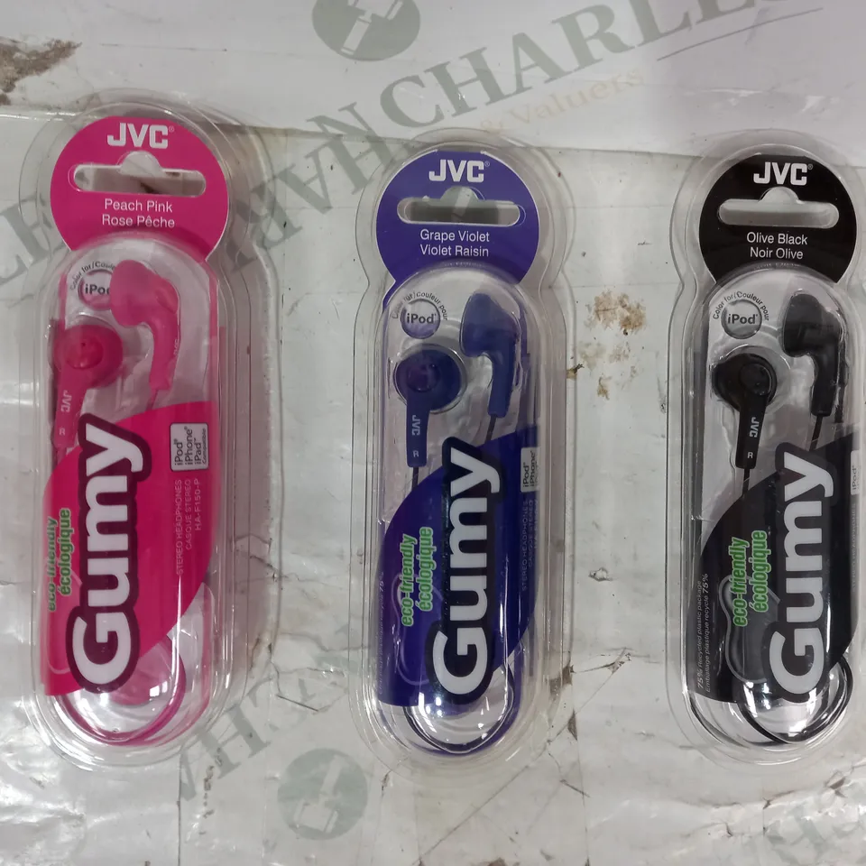 BOX OF APPROXIMATELY 20 ASSORTED JVC GUMY STEREO HEADPHONES IN VARIOUS COLOURS
